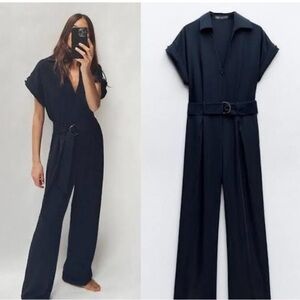 NWT Zara Navy Linen Jumpsuit Size Large reg $70